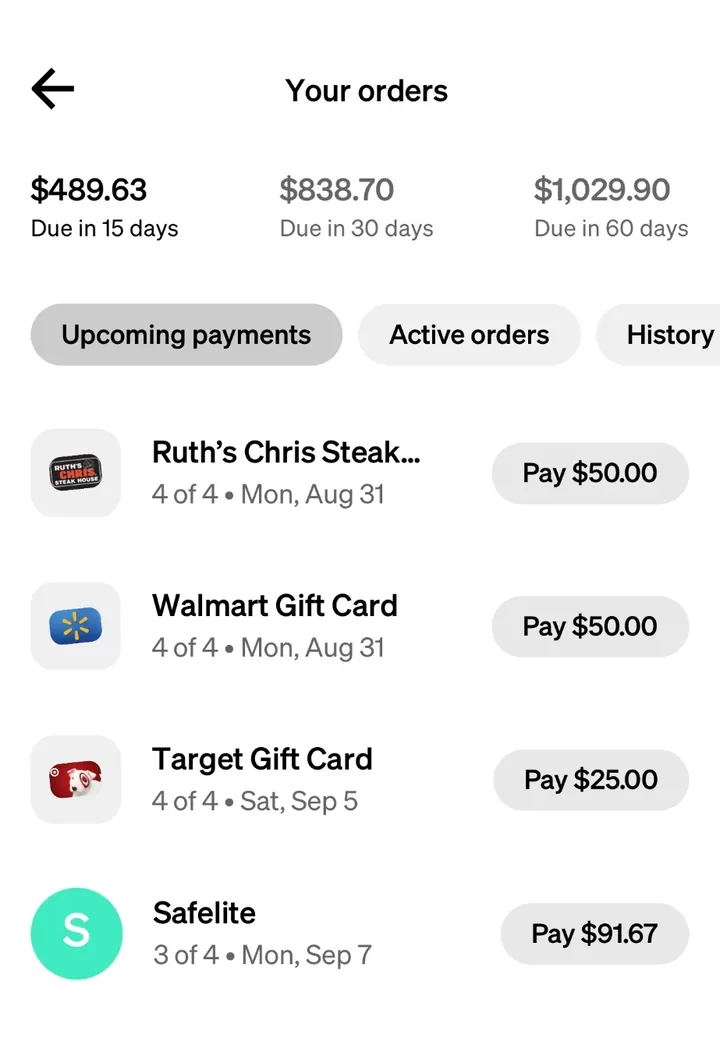 Cropped Afterpay Your orders schedule showing $838.70 due in 30 days and upcoming installment rows